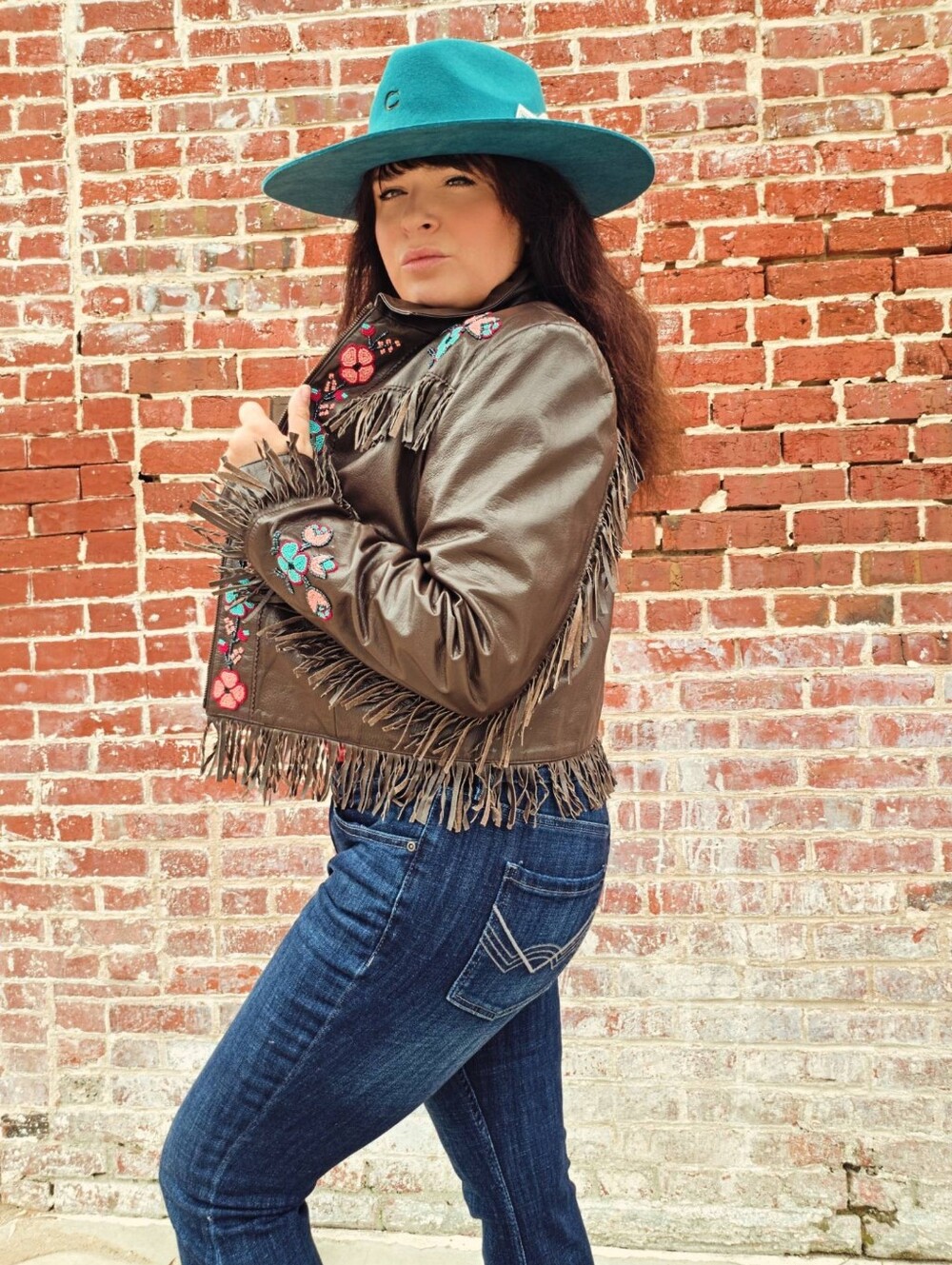 Double D Ranch Brown Leather Bomber Jacket with Turquoise & Coral Beadwork